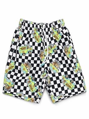 SCOOBY DOO Black & White Checkerboard Swim Shorts with Yellow-Green Van Print